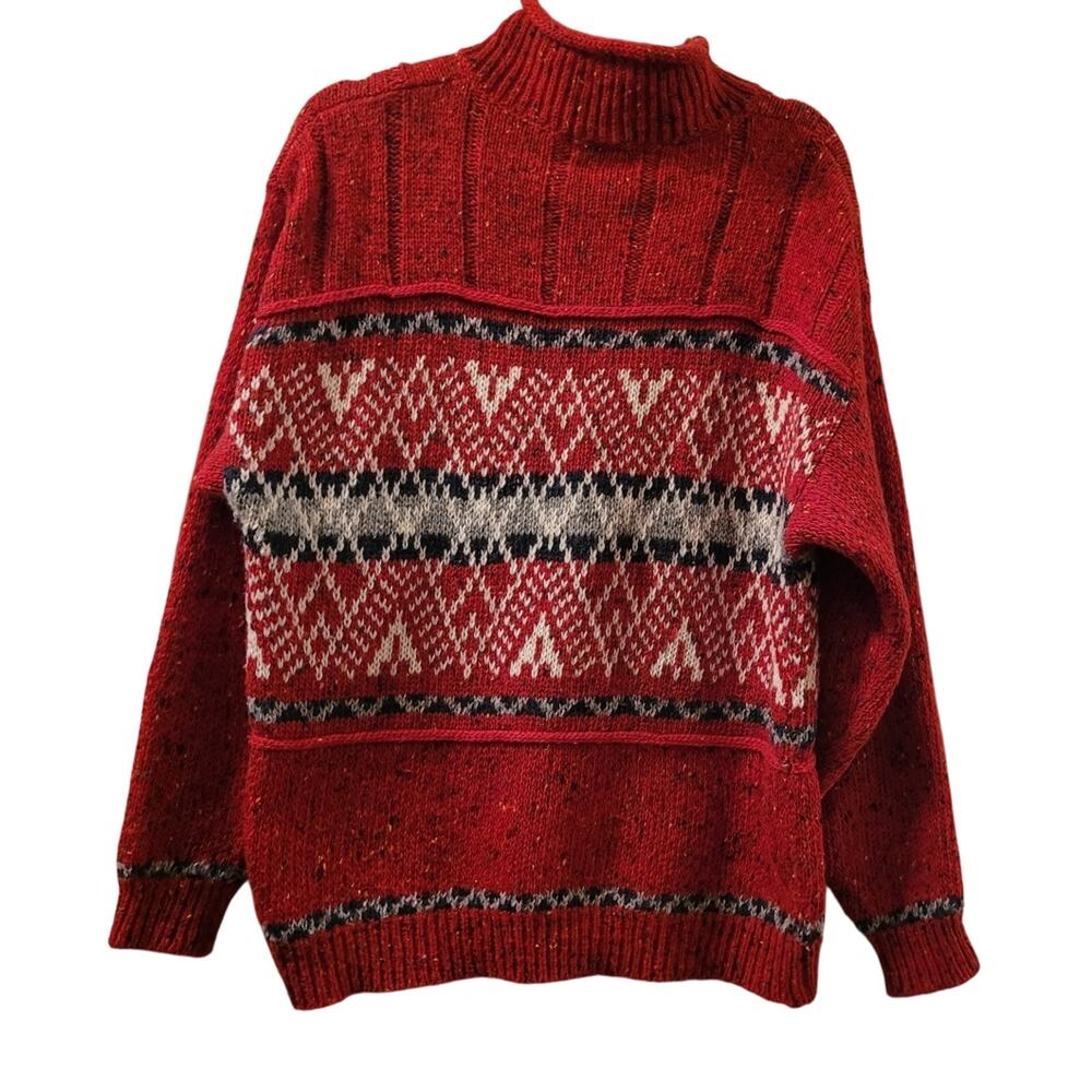 Vintage Red Speckled Knit Wool Turtle Neck Sweater Size L Nordic GrandmaCore